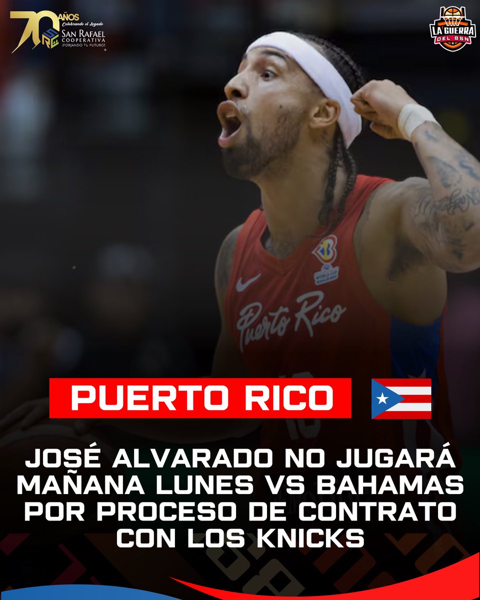 LaGuerraBSN's tweet photo. #FIBA | OFICIAL: El armador José Alvarado tampoco jugará mañana lunes en el partido frente a Bahamas debido a que continúa su proceso de firma de contrato con los New York Knicks.
📊 Puerto Rico está obligado a ganar mañana. De perder, se eliminaría y no podría avanzar de ronda para clasificar al Mundial. El delantero Jordan Cintrón será su sustituto.