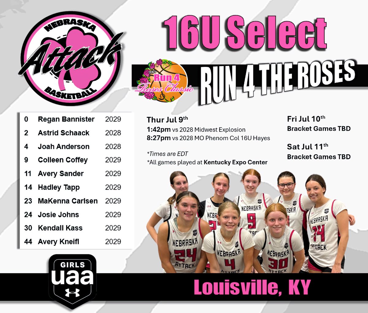 NebraskaAttack's tweet photo. Rosters & Schedules
Run 4 Roses Classic
July 9-11
Louisville, KY
17U Select
16U Select
7th UAA https://t.co/VYO1QFzvLy