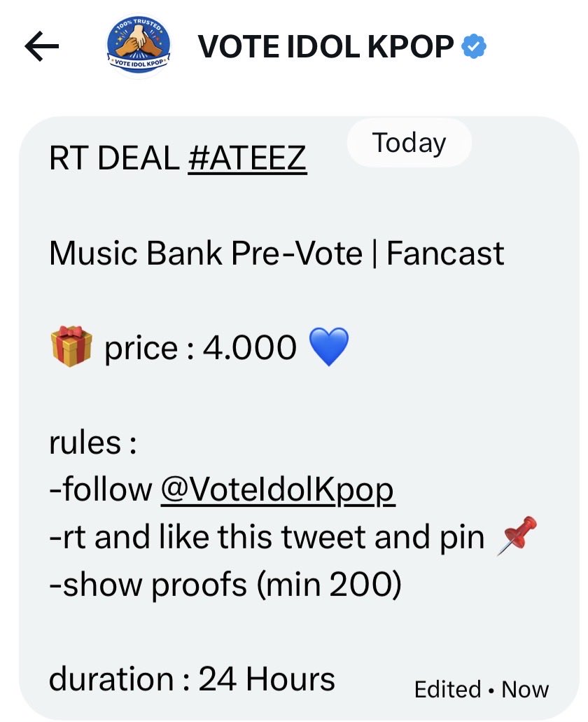 AteezVanguard's tweet photo. 2️⃣ RT DEAL #ATEEZ

Music Bank Pre-Vote | Fancast

🎁 price : 4.000 💙

rules :
-follow @VoteIdolKpop 
-rt and like this tweet and pin 📌 
-show proofs (min 200)

duration : 24 Hours 🚨 https://t.co/p5UaV2nONa