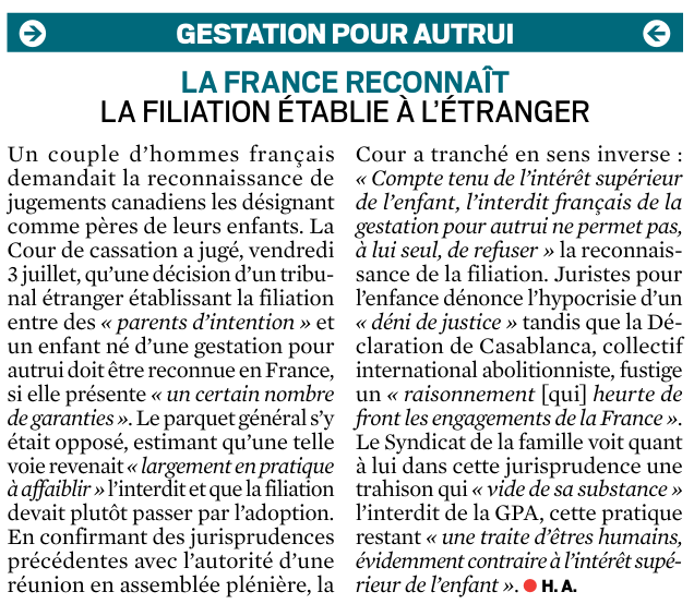 SyndicatFamille's tweet photo. Réaction du @SyndicatFamille à un jugement de la @Courdecassation : "LSF voit dans cette jurisprudence une trahison qui « vide de sa substance » l’interdit de la #GPA, cette pratique restant « une traite d’êtres humains, évidemment contraire à l’intérêt supérieur de l’enfant »." https://t.co/IJQDal0g5g