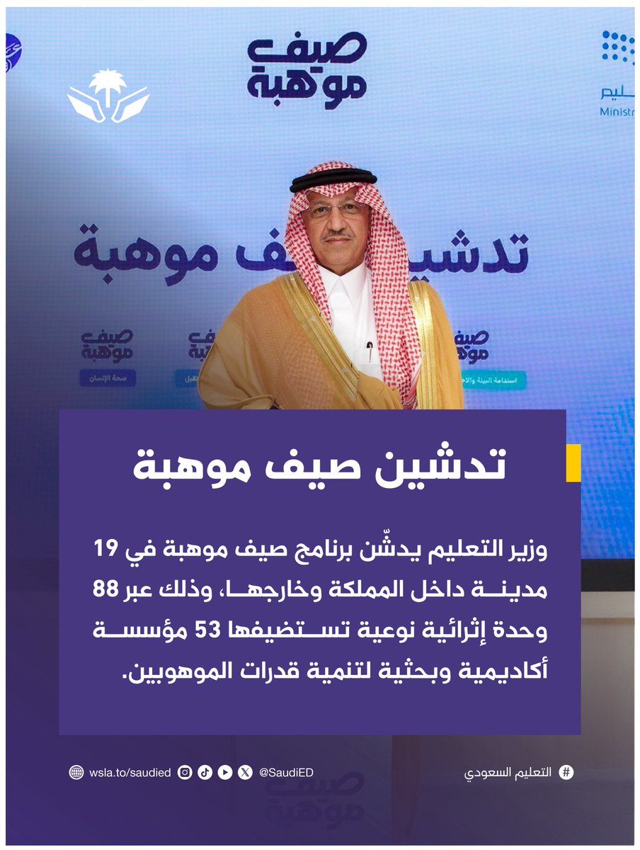 SaudiED's tweet photo. 🔴 تدشين #صيف_موهبة

دشّن #وزير_التعليم برنامج صيف موهبة في 19 مدينة داخل المملكة وخارجها، وذلك عبر 88 وحدة إثرائية نوعية تستضيفها 53 مؤسسة أكاديمية وبحثية لتنمية قدرات الموهوبين.#موهبة #وزارة_التعليم https://t.co/3WoJyb1DJJ