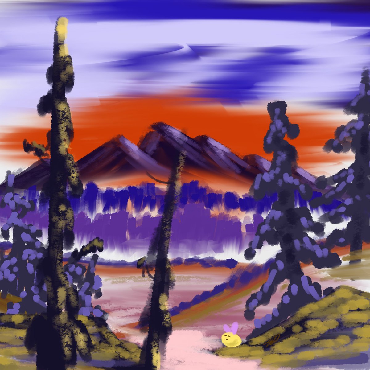 tazildazil's tweet photo. Been having a bit of a creative block but still joined in for @LittleeLemonn Bob Ross follow along stream it was so so much fun!

I tried doing this digitally with digital oil brushes and on one layer - it was chaotic and these monstrosities now exist but I had a blast! https://t.co/8JBwNaxBnb