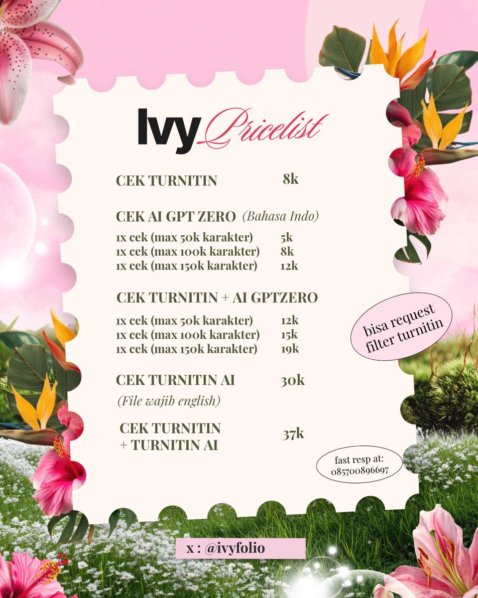 ivyfolio's tweet photo. open cek turnitin plagiasi, turnitin ai, dan cek ai gptzero fast resp fast process ya

📄 no repository 
📄 free request filter turnitin
📄 sisa cek bisa dikeep 

📥 : https://t.co/yLO5nyKpkp
💸 : QRIS &amp; e-wallet (dana, gopay, spay)

#zonauang #bealanja #zonaba https://t.co/VE25Sj9iEY