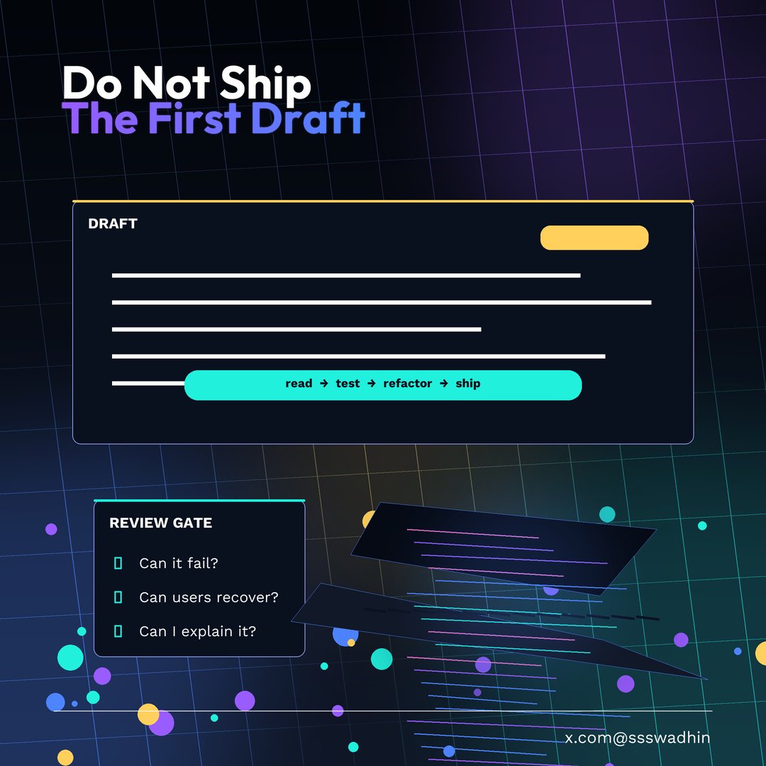 ssswadhin's tweet photo. The first AI-generated version is not the product.

It is a draft.

Read it, test it, refactor it, simplify it, and make sure the UX actually makes sense.

That is where vibe coding becomes real software building. https://t.co/RZCL1oMLAz