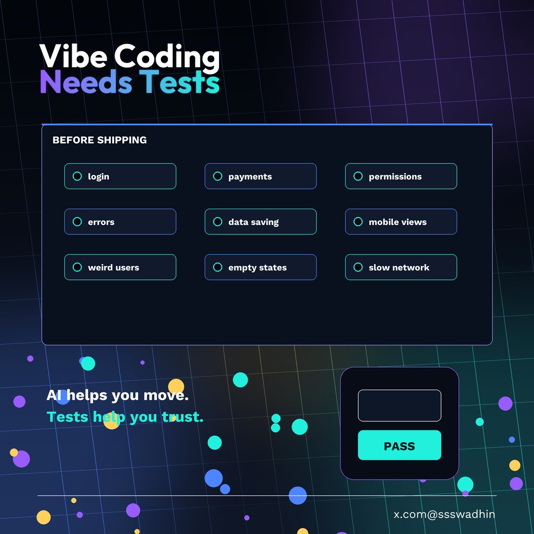 ssswadhin's tweet photo. Vibe coding without testing is just guessing with confidence.

Before shipping, test the flows that matter:
login, payments, permissions, errors, data saving, mobile views, and weird user behavior.

AI helps you move. Tests help you trust. https://t.co/RfUCO7yu03