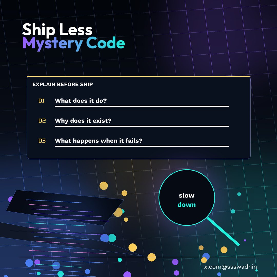 ssswadhin's tweet photo. A simple vibe coding checkpoint:

Can you explain what the code does?
Can you explain why it exists?
Can you explain what happens when it fails?

If not, do not ship it yet. Slow down, understand it, then improve it. https://t.co/DUmLGyb0Tf