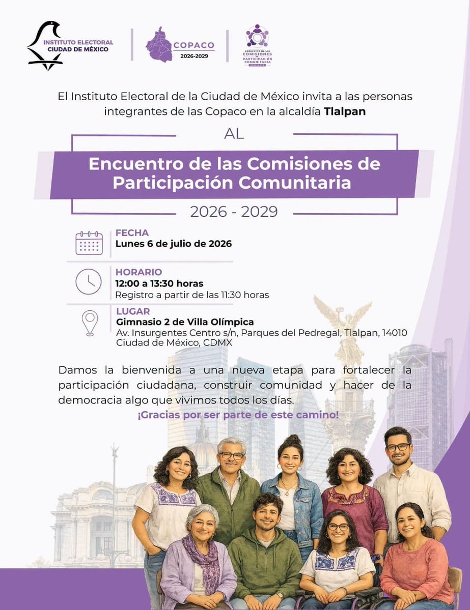 Distrito14IECM's tweet photo. Si integras una Comisión de Participación Comunitaria #COPACO, este encuentro es una oportunidad para compartir experiencias, fortalecer el trabajo en equipo e impulsar acciones que beneficien a tu comunidad.

📅 Lunes 6 de julio
🕛 12:00 horas
📍 Gimnasio 2 de Villa Olímpica https://t.co/JUN3SSo8BB