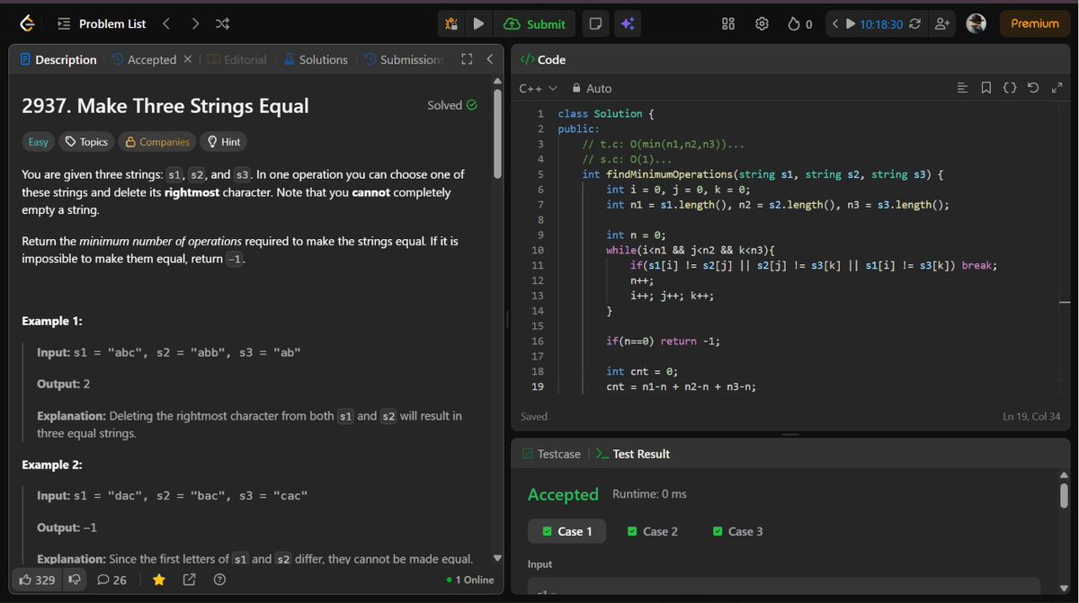 _ACE_77_'s tweet photo. 💻 DSA Practice — Day 199
Mixed up today's practice with Graphs &amp; Strings 🚀
✅Cycle Detection in Directed Graph (DFS)
✅2937. Make Three Strings Equal
More DFS practice and another fun string PB solved! One pattern at a time.🔥
🔗Profile: https://t.co/YjFKygtY6o
#LeetCode #DSA🚀 https://t.co/C1WTkmQVLc