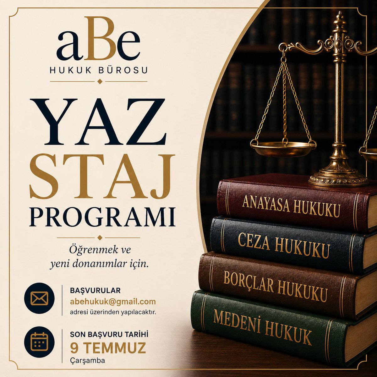 aBeHukuk's tweet photo. 🔶️Sanıyorum ki mesleğimizin en güzel yanı müstakbel meslektaşlarımızın  hayatlarına ufak bir dokunuş yapabilmek ve mesleki iz bırakabilmektir. 
🔶️Hukuk fakültelerinin https://t.co/ILEi25OiK4 4. Sınıf öğrencileri için açtığımız bu programın amacı fakültedeki teorik bilgileri hayata geçirebilme  becerisi kazandırmak, ofis ve adliye bilgi ve alışkanlıklarının temellerini oluşturmaktır. 
🔶️Cv lerinizi 9 Temmuz perşembe en geç  saat 18.00 e kadar abehukuk@gmail.com a ulaştırmanız gerektiğinizi unutmayınız. 🫡