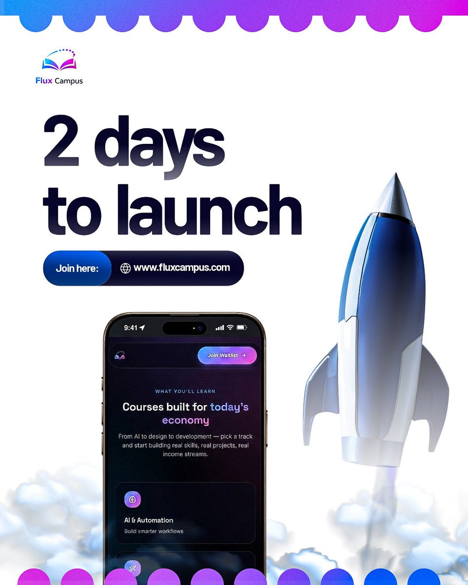 FluxCampus's tweet photo. 🚀 Just 2 Days to Go!

Flux Campus launches in 2 days.

Learn practical tech skills, build real projects, and gain experience that employers value.

🌐 Join the waitlist: Link in bio

2 days left. Are you ready?

#FluxCampus #3DaysToLaunch #LearnByBuilding #TechEducation https://t.co/lo6tD5D014
