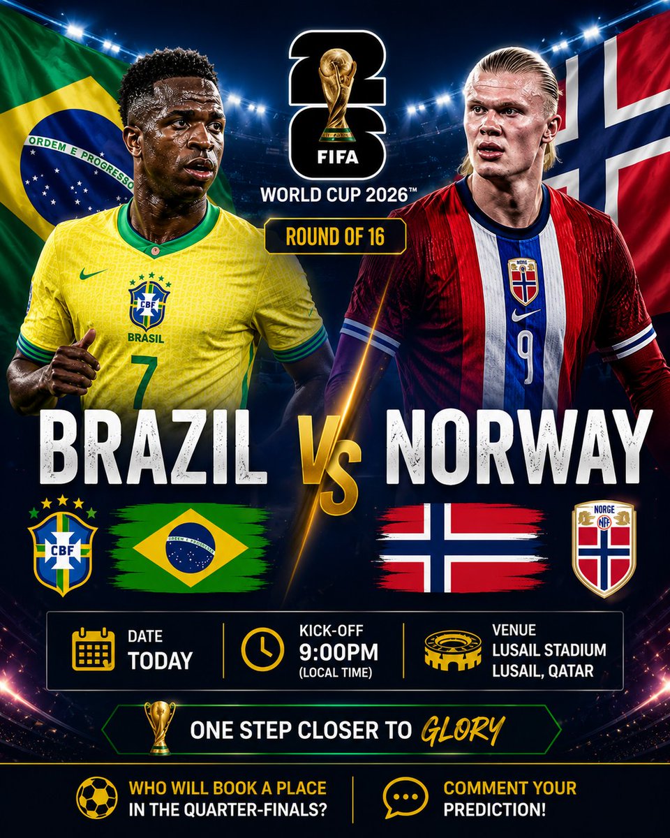 AdeenMatts's tweet photo. ⏳ Almost time.

🇧🇷 Brazil 🆚 🇳🇴 Norway

Who books a place in the FIFA World Cup quarter-finals?

#BRANOR #WorldCup2026 https://t.co/hahgxr2irf