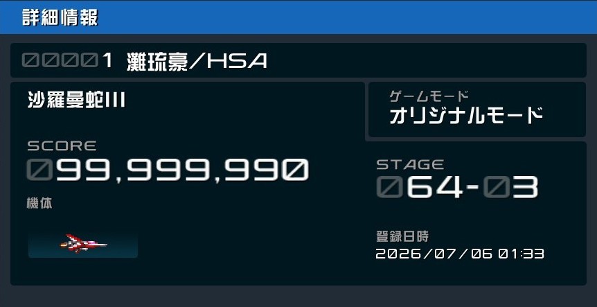 Homestay_Akira's tweet photo. 沙羅曼蛇3
63-6、残機50で1億達成できました。
ミスカウント数えながらやってたのですが想定よりかなり早く残機が減りだして焦ったけど何とかなりました。
内部的に256機までしか増えないとかあるんかな🤔 https://t.co/GElTJVz6zS