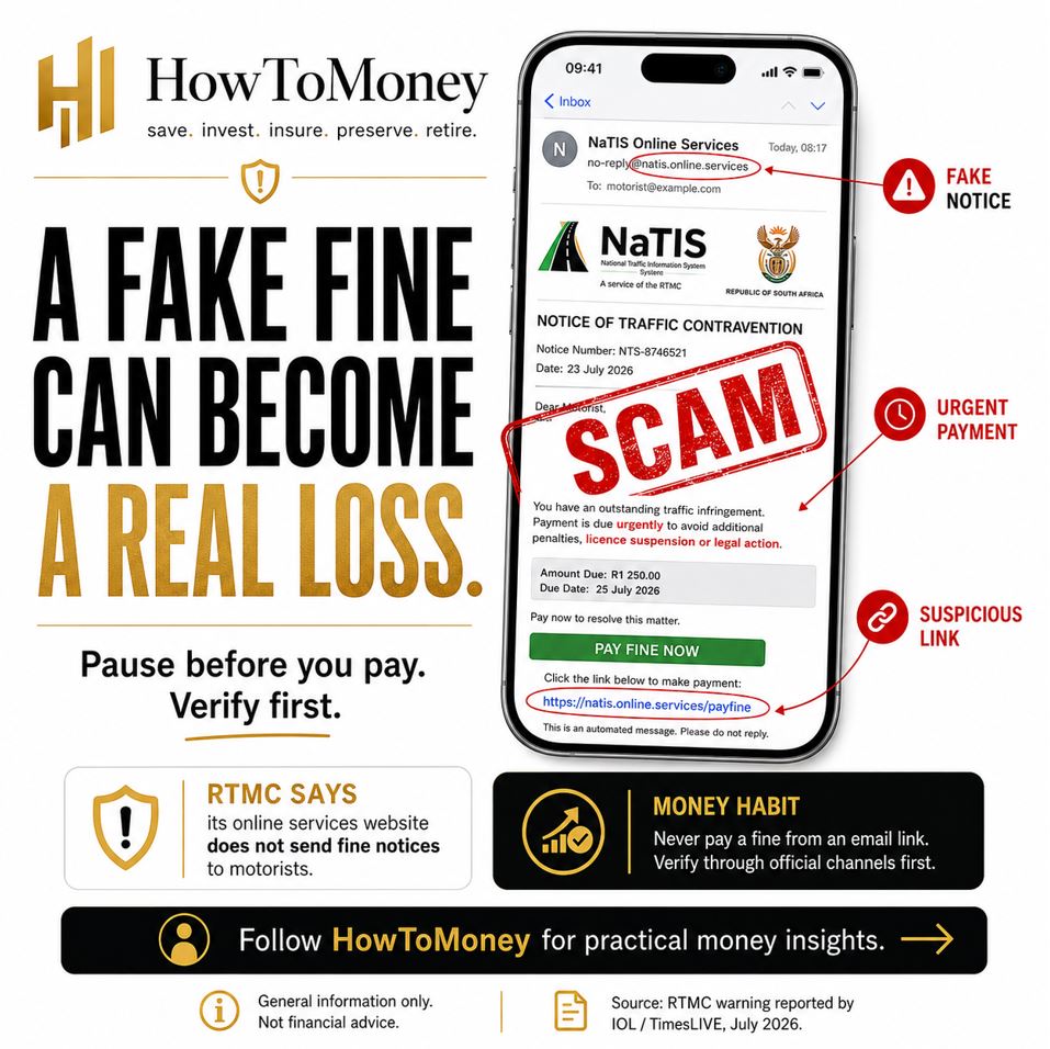 HowToMoneySA's tweet photo. A fake fine can become a real loss.

The RTMC warns that fake NaTIS fine emails are circulating and pushing people to pay through fraudulent links.

Money habit: never pay a fine from an email link.
Pause. Verify first.
#HowToMoney #ScamAlert #PersonalFinance #SouthAfrica https://t.co/Zi8YwwI16F