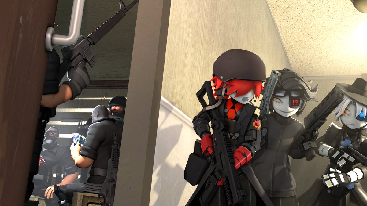 WandererSnack's tweet photo. Alex, ash and Dusty take on a job to raid a black market deal and neutralise anyone posing a threat.  
Ash could not make his mind on what gun to bring so he took both. He'll his arm's with the recoil.   
Dusty is regretting to take the front door with the others. #sfm #tf2 #OC https://t.co/z1oy0zR4Bc