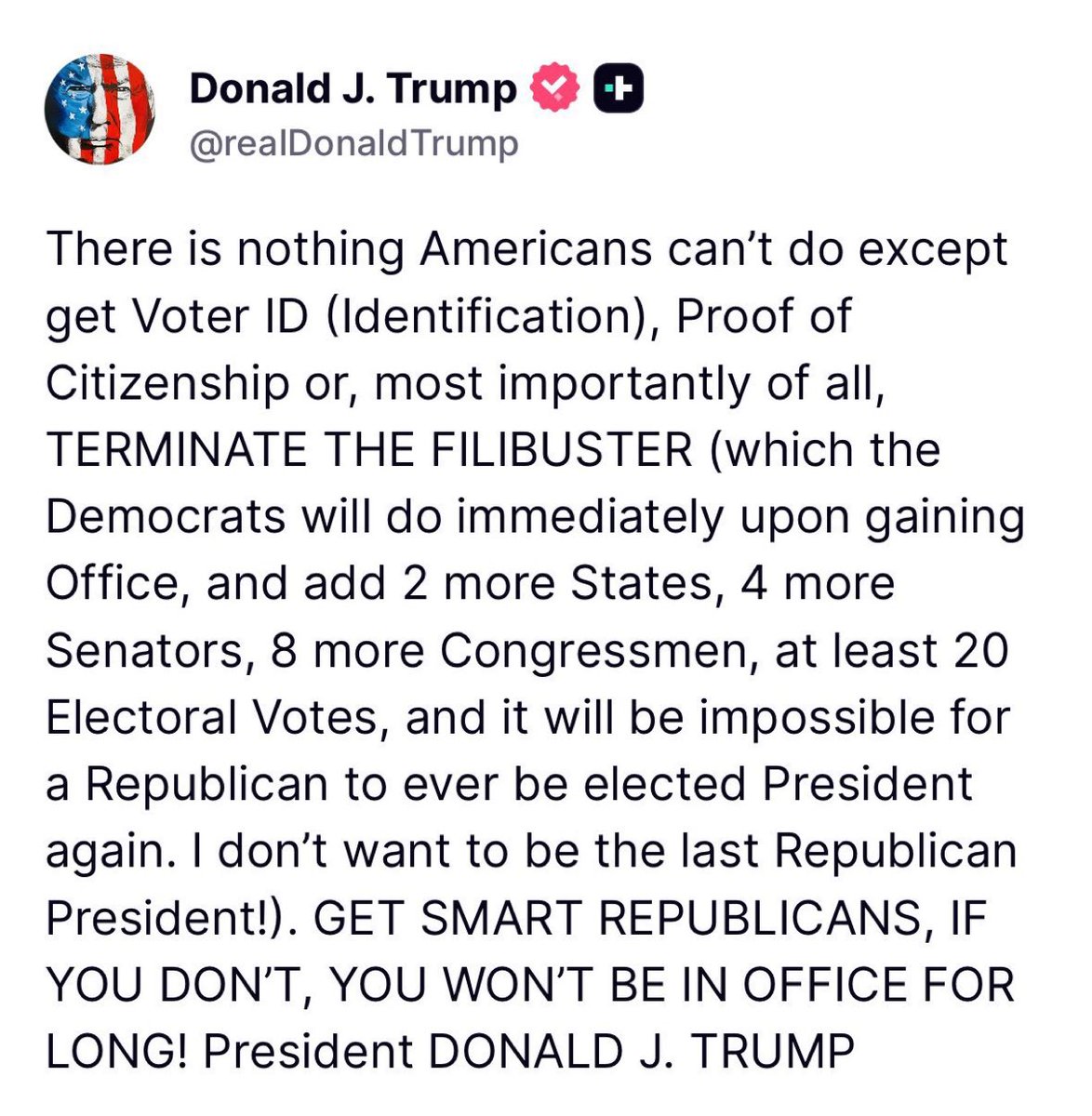 Milajoy's tweet photo. Terminate the filibuster, Senate. 

If Democrats do it first, this country will be lost. 

We can't take that chance. https://t.co/1dQ0c02GnU