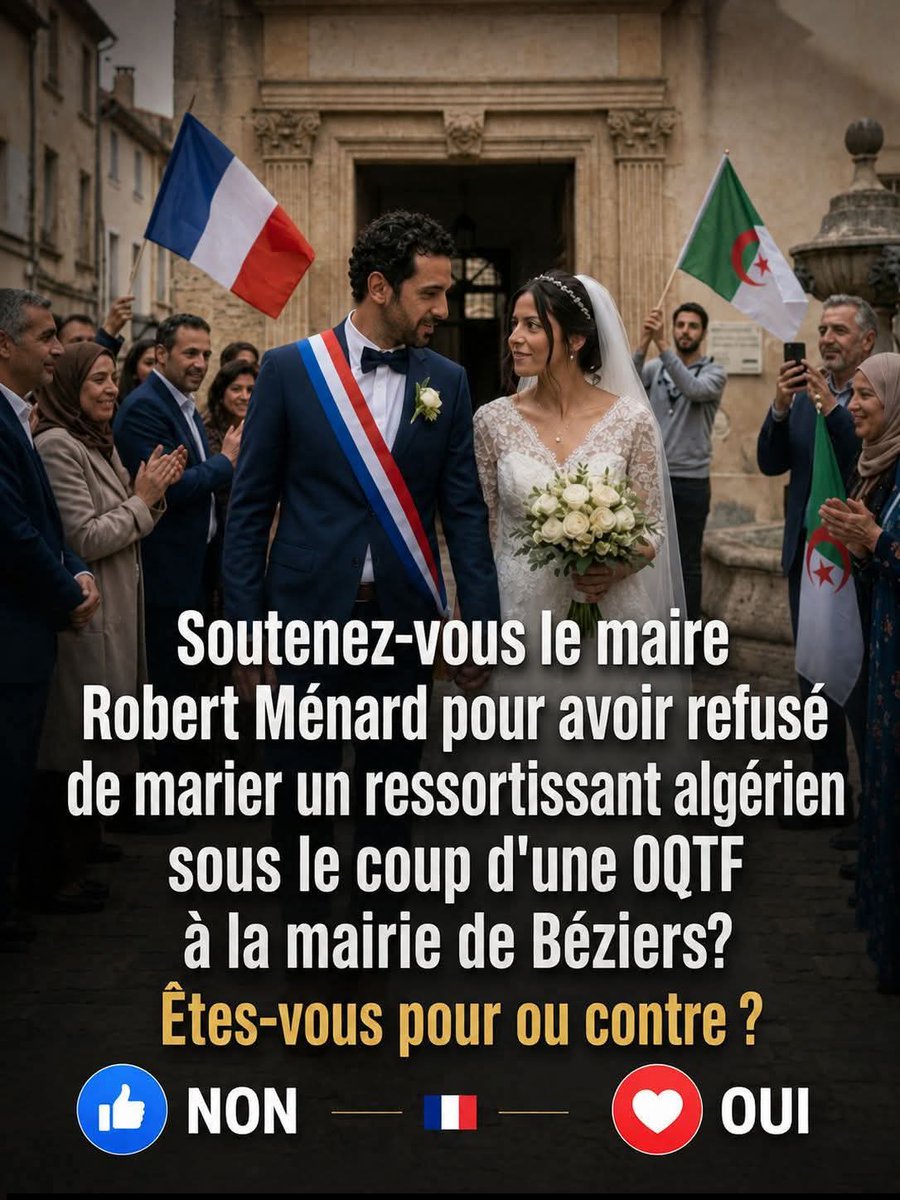 daniel_pilotte's tweet photo. Je soutiens le maire de @VilleDeBeziers Robert Ménard qui a refusé le Mariage à 1 OQTF . https://t.co/iOMXTDWwTe