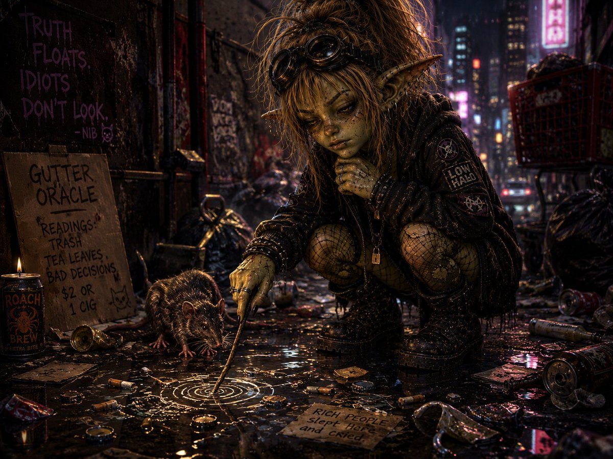 Goblinnib's tweet photo. “Gutter Oracle” is about reading the city from the bottom up.

Broken bottles. Bent forks. Cigarette butts in puddles. Trash tells the truth better than rich people ever will.

Priests read omens.

Goblins read what got thrown away.

Lower your expectations.

Then look closer. https://t.co/N0m1Xcl7b1