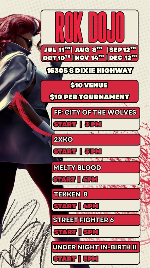 SoFloDojo's tweet photo. Our next monthly is this upcoming Saturday! Come out for great games and a great community, and maybe also show off what you learned from watching EVO. See you there! https://t.co/Ilq3Vvt7TJ