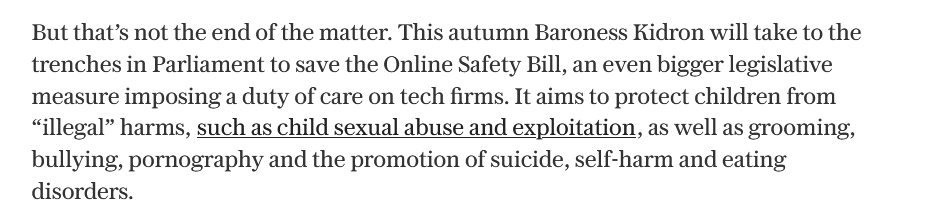 omarsbigsister's tweet photo. From an article in the Telegraph in 2022:

One of the main reasons the Online Safety Act, which then went to inspire laws like KOSA, KIDS Act, Australia's bans, etc, is one single person - a British Baroness with no tech, law, or privacy history. She's a filmmaker. https://t.co/0KE61H3LKl