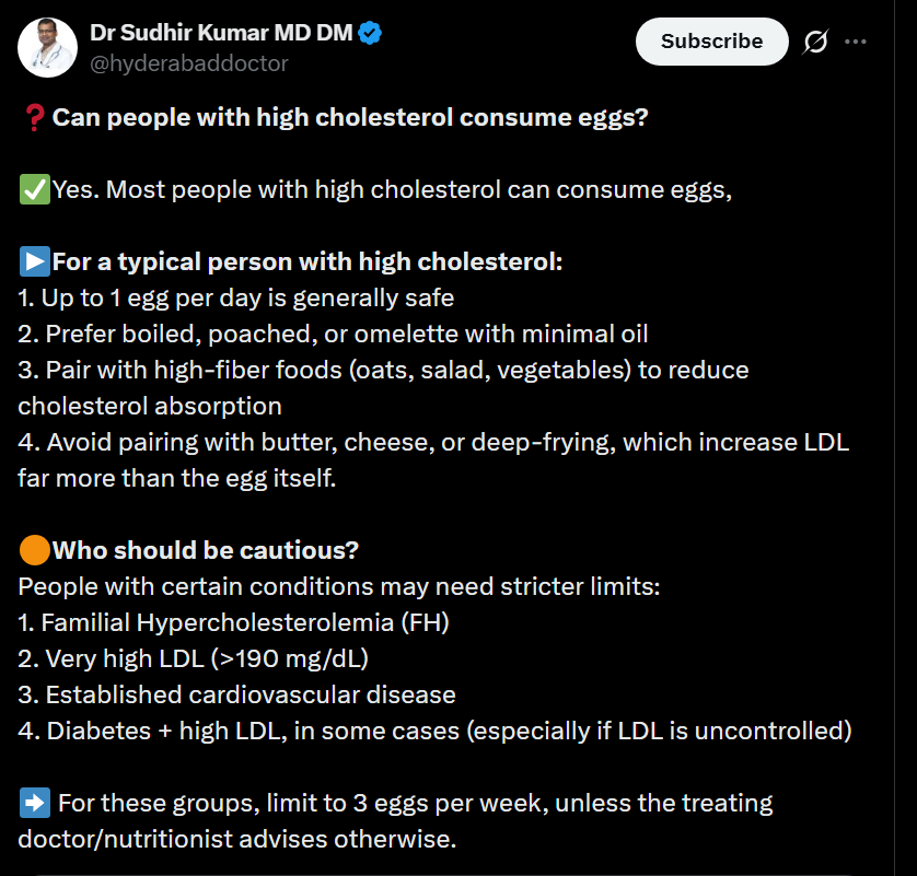 REG_DIETITIAN9's tweet photo. @yeyetif @WhateverVishal I wanted to ask that Dr Sudhir said 1 egg per day for people with cholesterol. But in the last line he said 3 eggs per week which means 1 egg in 2 days.

So how much is safe to consume wrt vitamin b12, leucine requirements? Given that most of my clients have osteoporosis https://t.co/1lRiMDx4Bh