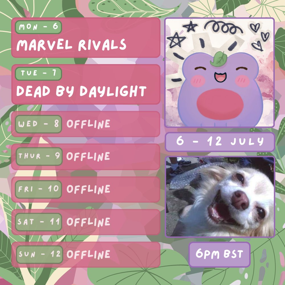 biggybink_'s tweet photo. Schedule for 6th - 12th July! 💜

I am on holiday from Thursday until Monday so there won't be streams on my usual days 🥲

#streaming #schedule #biggybink #twitch #envtuber #vtuber #pngtuber #marvelrivals #deadbydaylight #dbd https://t.co/qSJERtJFBg