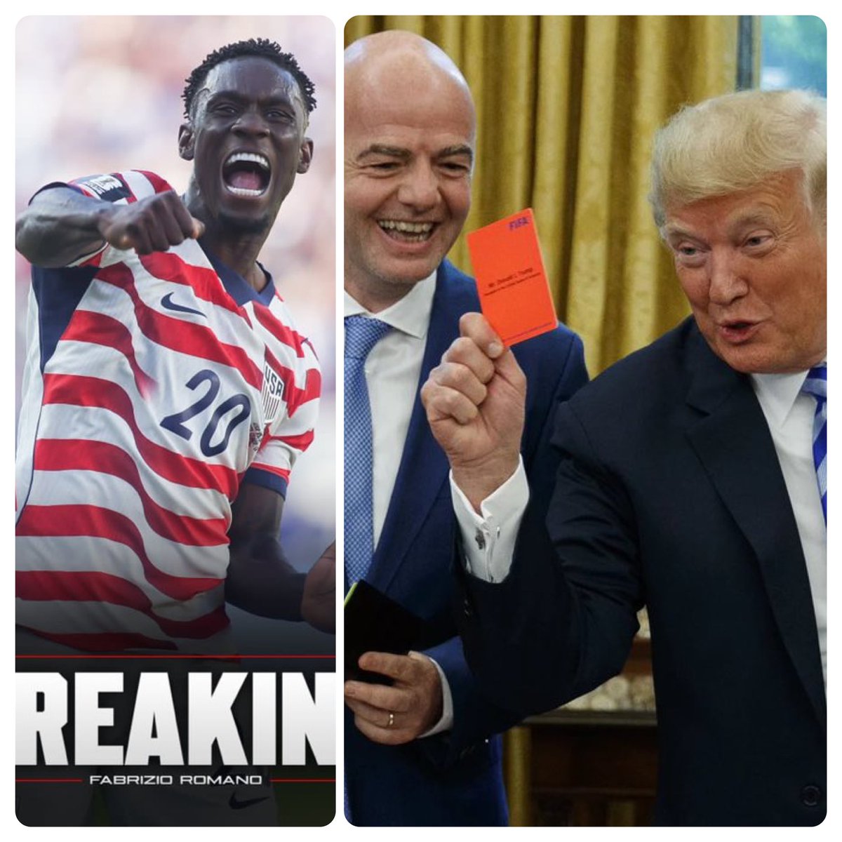 Thetochline's tweet photo. Breaking: Infantino the FIFA president finally revealed what Donald trump told him regarding Balogun’s Red card 

🗣️: In the last FIFA World Cup game that USA played against Bosnia , one of their player “Balogun got a red card and was sent off because of the foul he committed and he was supposed to miss quite a number of 3 matches because it’s a straight red card and that’s how the rule of the game works”. 

“Today Donald trump and White House called me to review the foul because they were not in support of what happened, when I saw it I understood that the foul doesn’t deserve a red card as the Donald trump said, and we will lift the red card for them”. But from now on we won’t tolerate anything like that even from Top players like Vini jr, Haaland, or Top Nations like Brazil and Norway”.