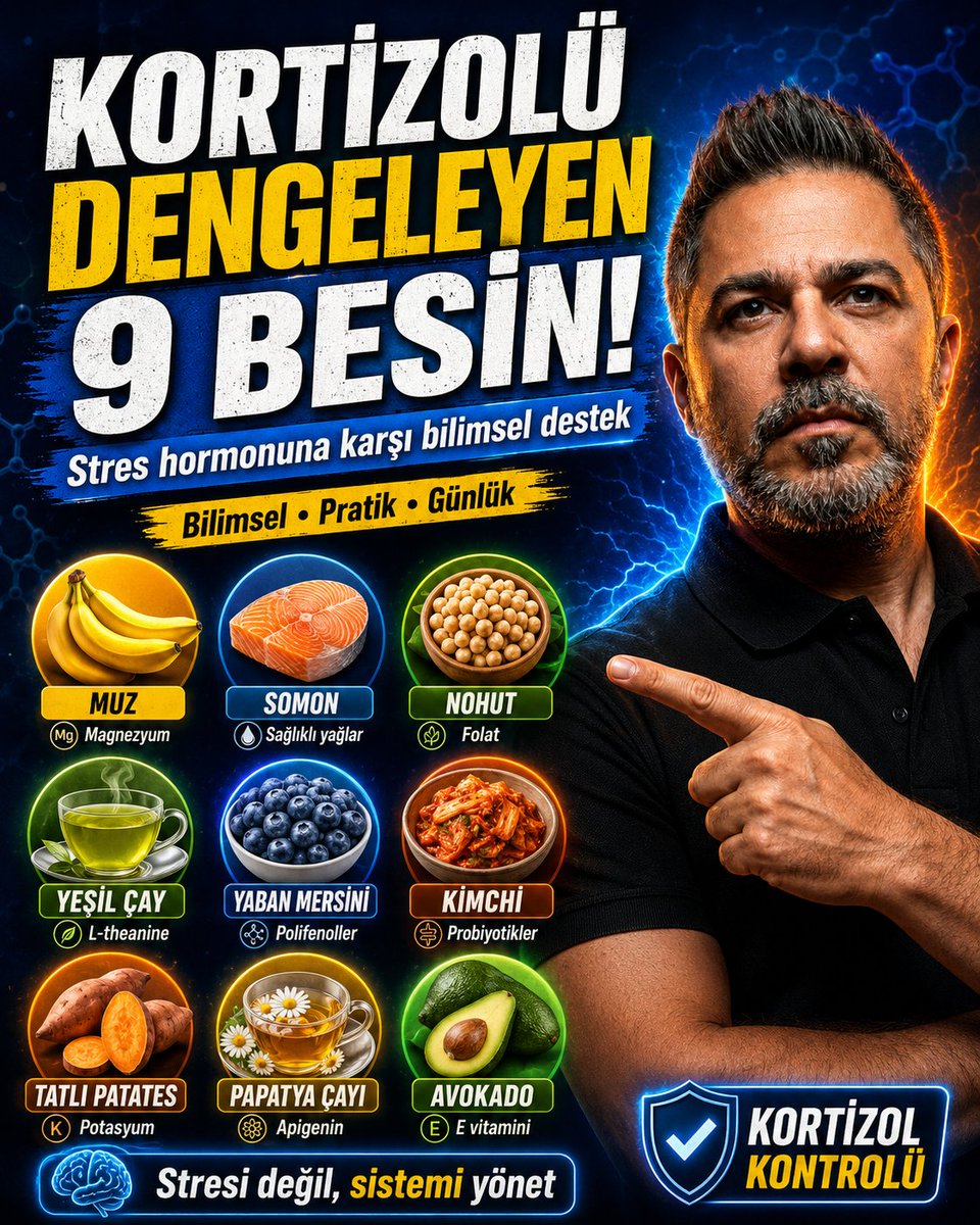 drkaanyl's tweet photo. Kortizolü “sıfırlamak” diye bir şey yok.

Kortizol düşman değildir; sabah bizi uyandıran, stres anında hayatta tutan temel hormonlardan biridir.

Sorun kortizolün varlığı değil, kronik yüksek kalmasıdır.

Uyku bozulur.
İnsülin direnci artar.
Tatlı isteği yükselir.
Karın çevresi yağlanır.
Beyin sisi başlar.
Bağışıklık ve bağırsak dengesi etkilenir.

Beslenmede bazı basit destekler burada işe yarayabilir:
Muz → magnezyum/potasyum desteği
Somon → omega-3 ve sağlıklı yağlar
Nohut → folat ve lif
Yeşil çay → L-theanine
Yaban mersini → polifenoller
Kimchi → probiyotik destek
Tatlı patates → potasyum ve kompleks karbonhidrat
Papatya çayı → apigenin
Avokado → E vitamini ve sağlıklı yağlar
Bunlar ilaç değildir.
Ama stres sistemini daha dengeli çalıştıran biyolojik altyapıyı destekler.

Stresi yok edemezsiniz.
Ama stres hormonlarına verdiğiniz metabolik cevabı güçlendirebilirsiniz.

Kortizol yönetimi = uyku + ışık + protein + lif + omega-3 + hareket + nefes + düşük şeker yükü.