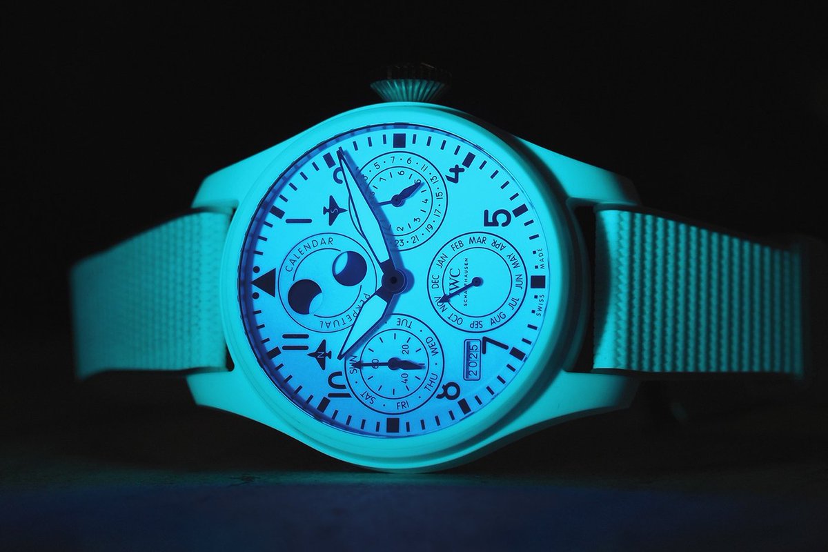 time_watches's tweet photo. The new IWC Big Pilot’s Watch Perpetual Calendar Ceralume Ref. IW505801 features a breakthrough fully luminous ceramic case, dial, and strap. Full details at https://t.co/H44ymy96Vk https://t.co/391Up558Lr