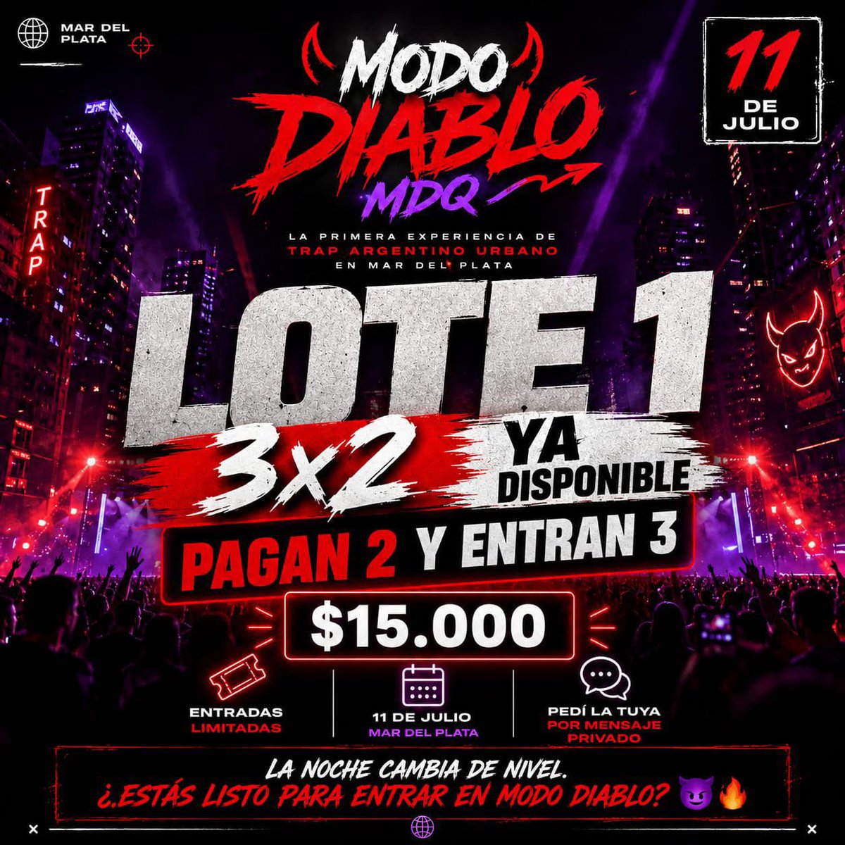 Lolitro30's tweet photo. 🚨FALTAN 6 DÍAS🚨
Se viene Modo Diablo MDQ, el mejor evento temático para los amantes del trap y la cultura urbana. Una producción renovada, una ambientación única y una noche pensada para que no pares desde que entrás.
🎟️ Entradas anticipadas disponibles
📍 NINA – Mar del Plata https://t.co/hylweskHuD
