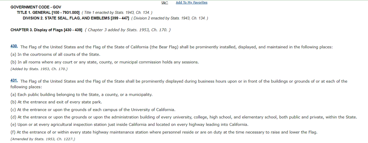 USAisInTrouble's tweet photo. I think within the CA Gov't Code this represents DIS-honoring the flag. TITLE 1. DIVISION 2. CHAPTER 3
Was the Park open?
"prominently displayed during business hours"
Was the flag made in USA
"On and after January 1, 2017, any Flag of the United States or the Flag of the State of California purchased by the state or any local government agency shall be made in the United States."
"At all times the National Flag shall be placed in the position of first honor."