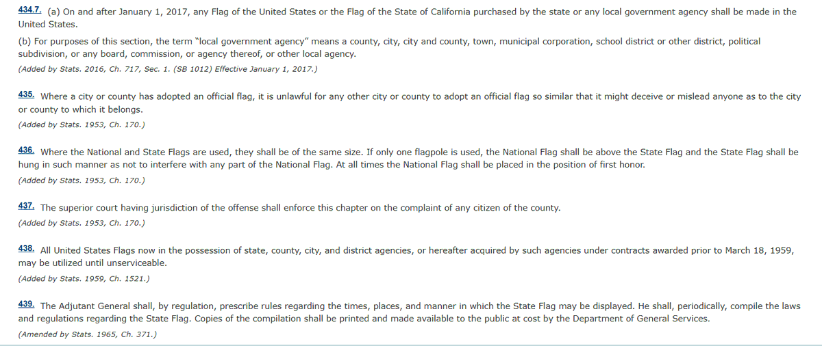 USAisInTrouble's tweet photo. I think within the CA Gov't Code this represents DIS-honoring the flag. TITLE 1. DIVISION 2. CHAPTER 3
Was the Park open?
"prominently displayed during business hours"
Was the flag made in USA
"On and after January 1, 2017, any Flag of the United States or the Flag of the State of California purchased by the state or any local government agency shall be made in the United States."
"At all times the National Flag shall be placed in the position of first honor."