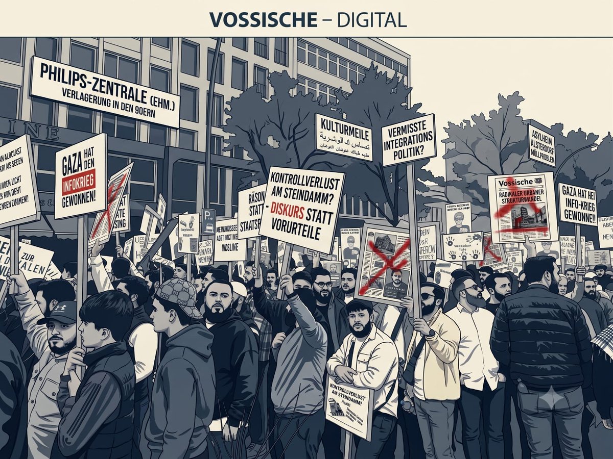 Vossische's tweet photo. Die Vossische Digital |  Hamburgs Kontrollverlust: Vom Steindamm bis Alsterdorf  Der Hamburger Steindamm zeigt die Folgen verfehlter Stadtpolitik. Von der Crack-Welle der 90er über das „Horrorhaus“ bis zu heutigen Kalifats-Demos kapitulierte die Ordnung. https://t.co/OjQYBhC7bq