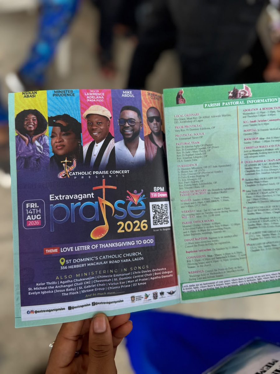 Stdominicsyaba's tweet photo. We can’t wait to host @extrapraise  live at our parish. Come join us for #ExtravagantPraise2026 

Date: Friday August 15, 2026
Time: 8pm till Dawn 

Featuring: 
NSIKAN ABASI | MINISTER PRUDENCE | REV. FR. LAWRENCE ADELANA (FADA FUJI) | MIKE ABDUL and so much more… https://t.co/7NaCNZwqpO