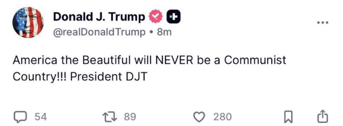 MrWhiplash_'s tweet photo. BREAKING: At 2:38 AM President Trump just made a PROMISE to the American people:

“America the Beautiful will NEVER be a Communist Country”

AMEN 🙏 https://t.co/yM1zhr26vF