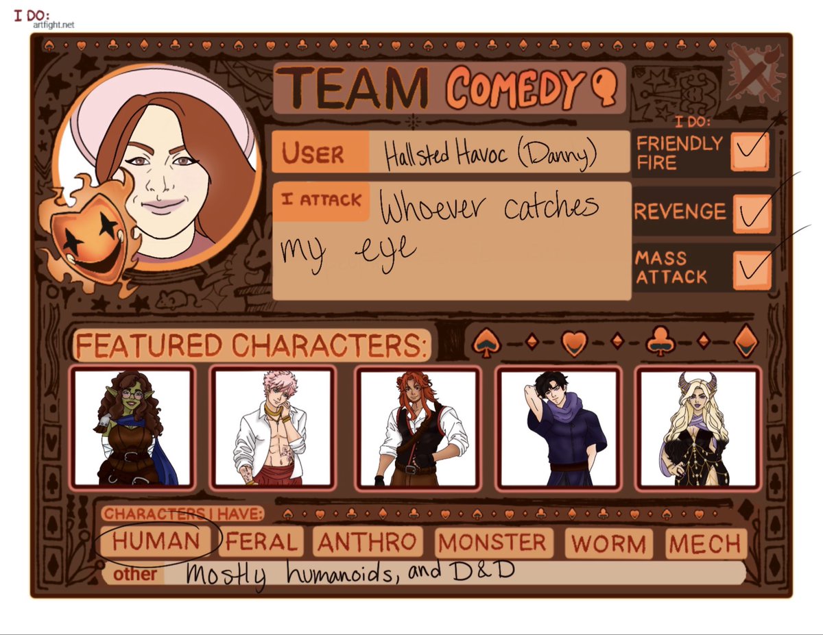 HallstedHavoc's tweet photo. Late to the party, but happy to announce I’ll be joining in Art Fight this year! Excited to join in with Team Comedy 🎭 

#artfight2026 #artfight #teamcomedy #OCㅤㅤ https://t.co/zMyUhZntfW