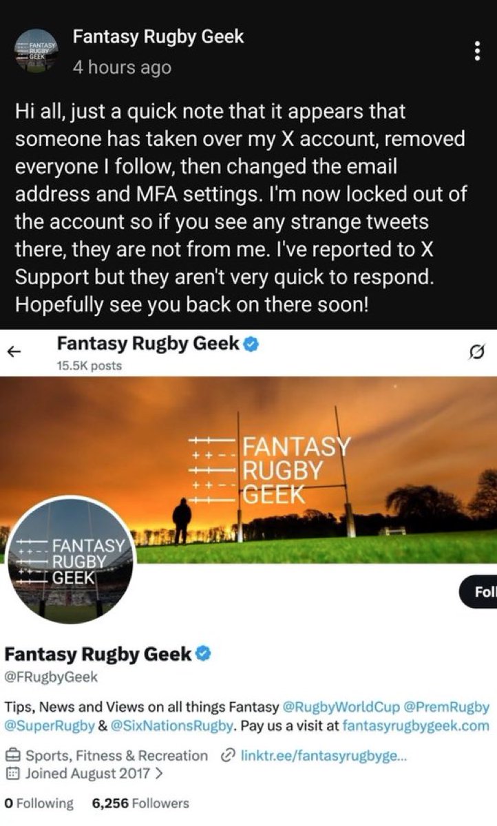 FRG_FPL's tweet photo. @Bakedbeann_ @FRugbyGeek @NikolinaSabljc The Fantasy Rugby Geek account has been hacked unfortunately. If you can report for spam you’d actually be doing me a favour. https://t.co/RrKm9JAs0p