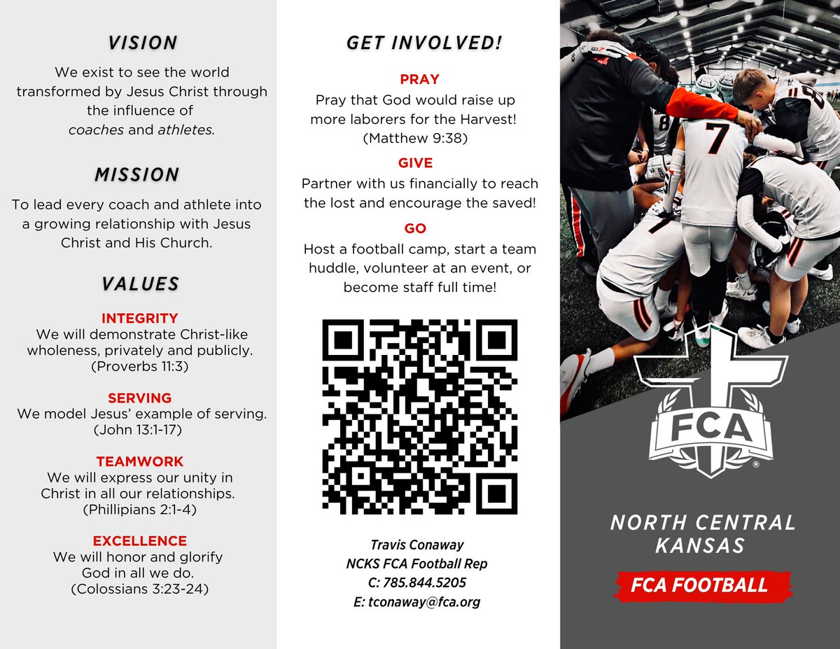 JOFA_3's tweet photo. @davidpollack47 I answered a calling on my life to serve. I accepted a role as an area rep for FCA in KS, with a focus on football specifically. I would appreciate prayers for the way God is guiding this ministry. Im abut 50% funded, If you want to support this ministry click the QR code. https://t.co/Egcs5O75YZ