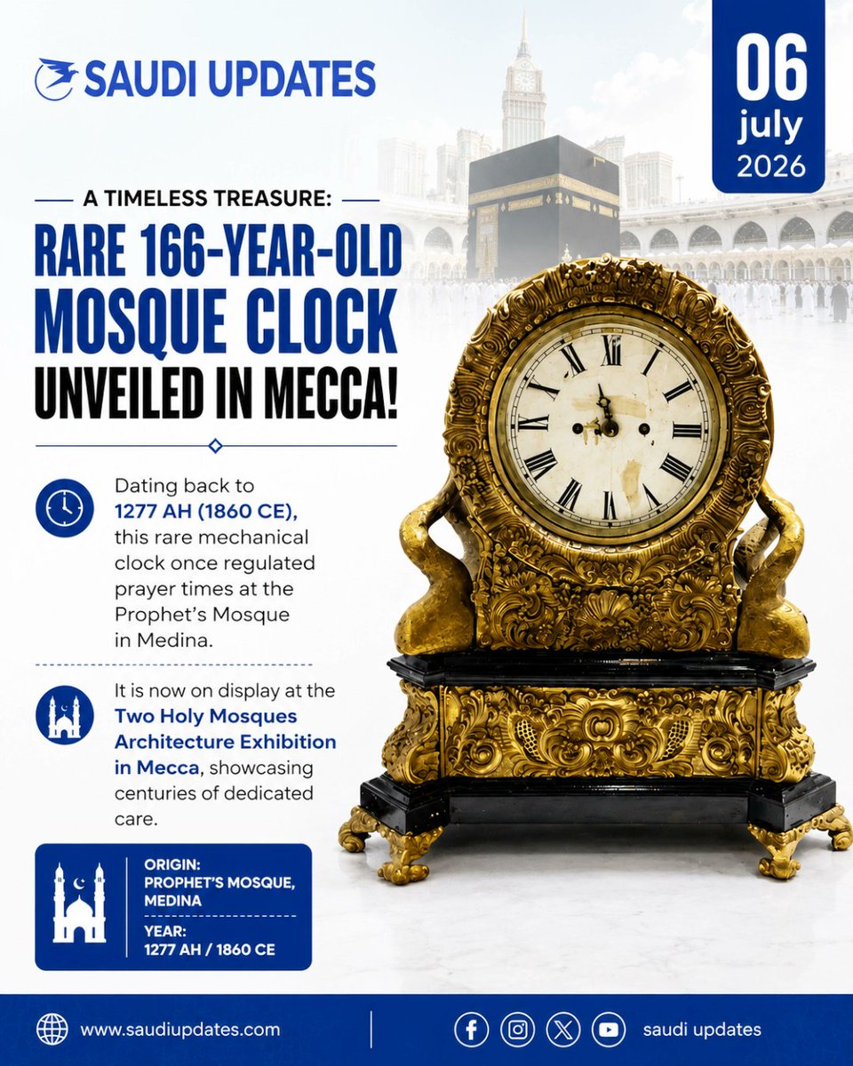 saudi_updates's tweet photo. A Timeless Treasure: Rare 166-Year-Old Mosque Clock Unveiled in Mecca! 

Dating back to 1277 AH (1860 CE), this rare mechanical clock once regulated prayer times at the Prophet’s Mosque in Medina. It is now on display at the Two Holy Mosques Architecture Exhibition in Mecca. https://t.co/meLxNGZjVZ