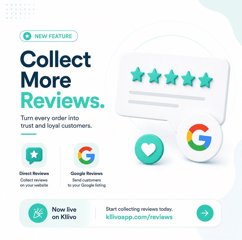 kllivoapp's tweet photo. New feature live: Kllivo Reviews 🚀

Restaurants can now automatically collect feedback after every order and turn it into trust, either on their site, Google, or both.

Simple. Built into the ordering flow.

https://t.co/lJkbjVT4ho https://t.co/fVv3x2EzlV
