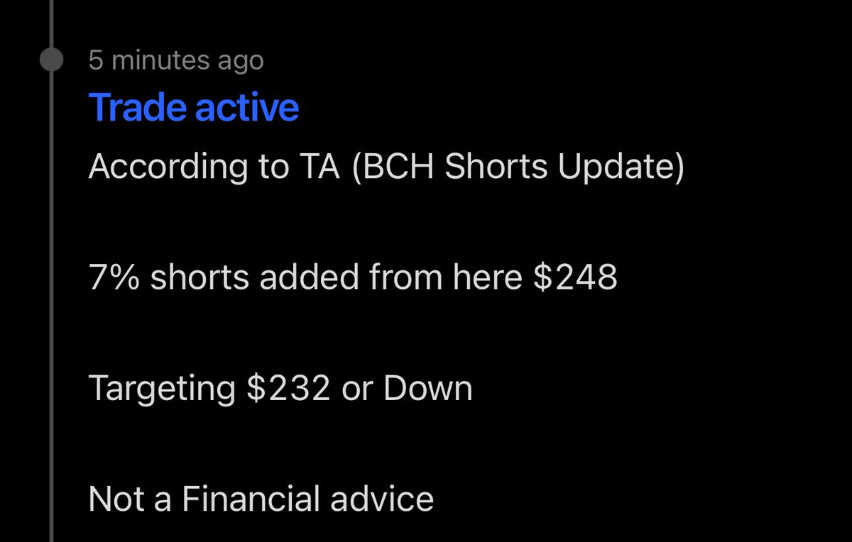 salahuddin2004's tweet photo. bitcoin-cash:native #BCH #BCHUSD #Bitcoin 

BCH Shorts Update

7% shorts added from here $248

Targeting $232 or Down

Not a Financial advice

#salahuddin2004 #btcusd #ethusd #xauusd @CoinMarketCap #CMCAgentHub @Cointelegraph https://t.co/HdhsfPWLFT