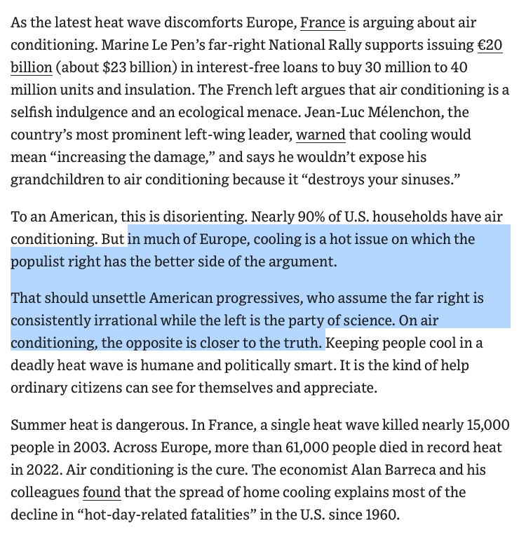 BrendanNyhan's tweet photo. "[C]ooling is a hot issue on which the populist right has the better side of the argument. That should unsettle American progressives, who assume the far right is consistently irrational while the left is the party of science. On AC, the opposite is closer to the truth." https://t.co/ca22yaqSwa