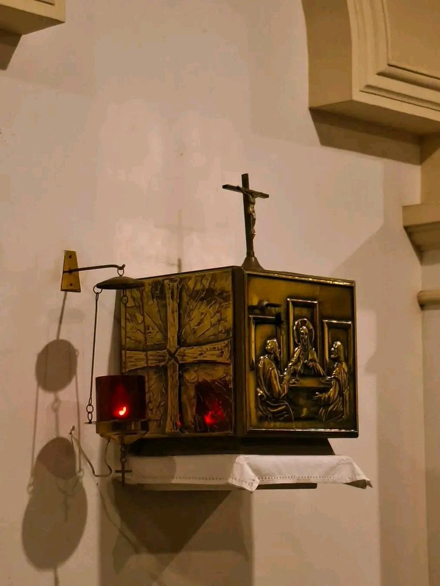 UcheMaryOkoli's tweet photo. After we were dismissed from Mass today, as I was leaving the church, I genuflected on my right knee before the tabernacle.

My younger sister, who was with me, didn't genuflect properly.

So I gently explained to her why it's important to do so. Jesus is truly present in the Most Holy Eucharist, reserved in the tabernacle. We genuflect not out of habit, but out of reverence and adoration for our Lord.

She accepted the correction with humility and genuflected properly.

That simple moment made me smile.

Sometimes the smallest acts of reverence are the greatest professions of faith.

The burning lamp in this image tells us that Jesus is right there in the terbanacle.
