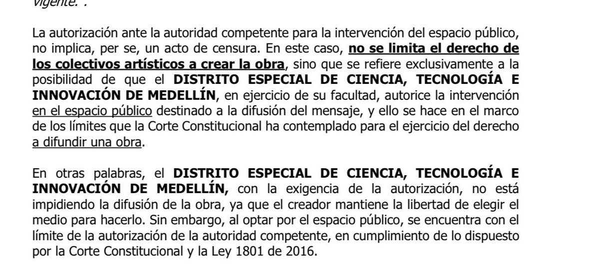 SebasGomezSan's tweet photo. Lo que algunos llaman “censura”, en realidad es cumplir la Ley. En Medellín el espacio público tiene reglas y son para todos, sin excepción. El Acuerdo 010 de 2020 exige autorización para intervenirlo, y la justicia ha dejado claro que esa exigencia no constituye censura. El Estado de Derecho se respeta. @FicoGutierrez