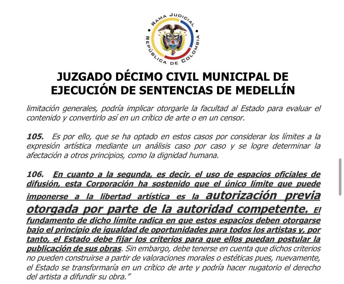 SebasGomezSan's tweet photo. Lo que algunos llaman “censura”, en realidad es cumplir la Ley. En Medellín el espacio público tiene reglas y son para todos, sin excepción. El Acuerdo 010 de 2020 exige autorización para intervenirlo, y la justicia ha dejado claro que esa exigencia no constituye censura. El Estado de Derecho se respeta. @FicoGutierrez