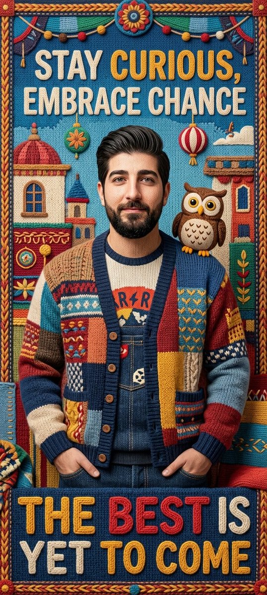 IS7MI's tweet photo. Prompt 🖼⤵️

Use the uploaded face as the only facial reference. Preserve the exact facial identity and recognizable facial features. Create a premium 9:20 poster in an ultra-detailed Knitted Wool / Stop-Motion Fabric style where every element is handcrafted from thick knitted yarn with realistic woven fibers, stitched seams, embroidery, layered fabric textures, and soft textile details. Include a fresh fashion-inspired pose (different from the reference), confident yet natural expression, contemporary casual outfit with random colors, patterns, and layered styling. Add a cohesive handcrafted background with knitted architecture, decorative ornaments, woven borders, and fabric-inspired elements. Integrate a cute knitted cartoon companion in the same textile style. Feature large, bold, artistic editorial typography with different motivational words and hopeful quotes (unique each generation), creatively placed and fully integrated into the knitted design. Cinematic lighting, rich depth, premium composition, vibrant balanced colors, ultra-realistic handcrafted craftsmanship, clean modern aesthetic, crisp 8K quality, 9:20 aspect ratio.