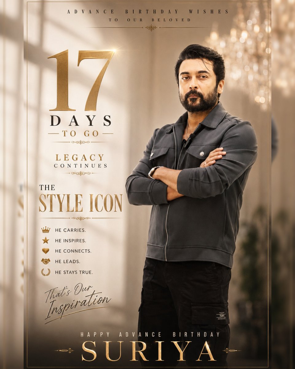 PAVITHRAseju's tweet photo. 17 DAYS TO GO โจ
Grace in every frame.
Style beyond trends. ๐ค
Happy Advance Birthday Wishes to Our Beloved @Suriya_offl.
#17DaysToGo #TheStyleIcon #Suriya #SuriyaBirthday https://t.co/UQ4cwFVYGq