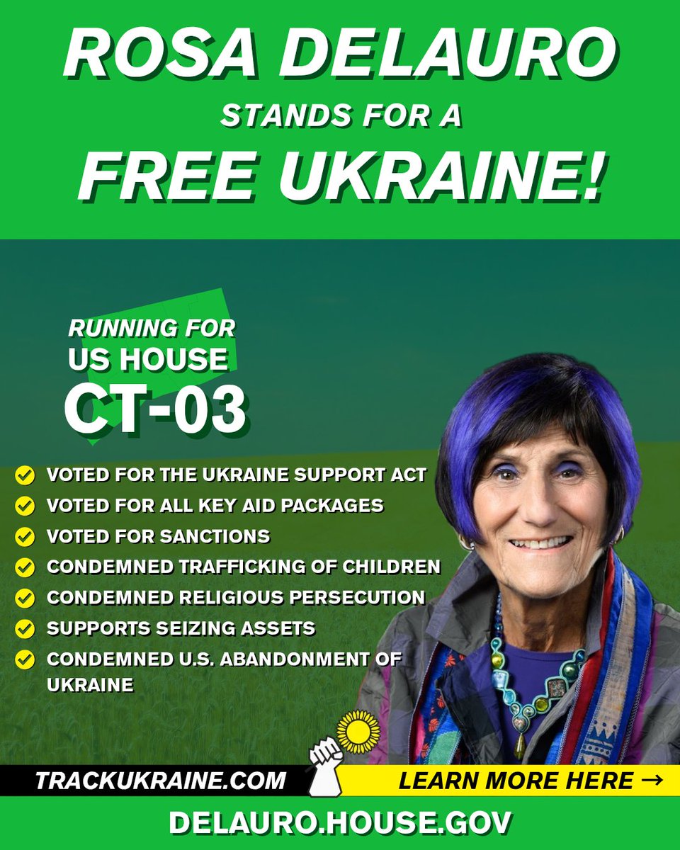 TrackUkraine's tweet photo. Connecticut's district 3 congresswoman @rosadelauro has a pro-Ukraine voting record.
✅️Voted for all key aid packages
✅️Voted for sanctions
✅️Condemned trafficking youth
✅️Condemned religious persecution
✅️Supports seizing assets
✅️Condemned U.S. abandonment policy https://t.co/cGdJ9F927P