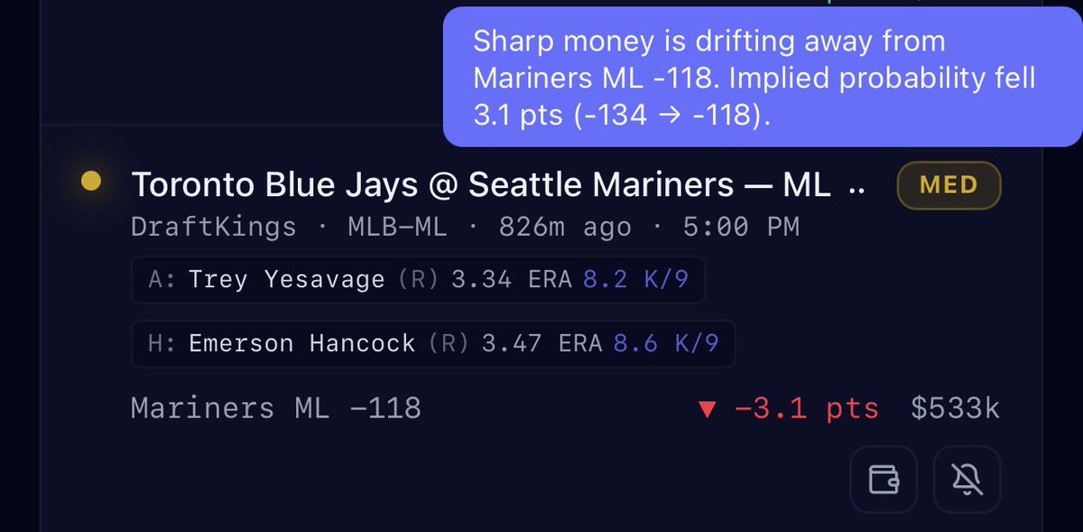 Sharpsideball's tweet photo. Money is coming in on TOR and pushing SEA’s favored status down a bit. We still like the Mariners by a run tonight and the Under for the full game. Sign up for a $1 7-day trial of our Pro tier to get access to all of these crucial steam moves https://t.co/JdDMK7Z9Gt #Gambling𝕏 https://t.co/7lH2Thu4Z7