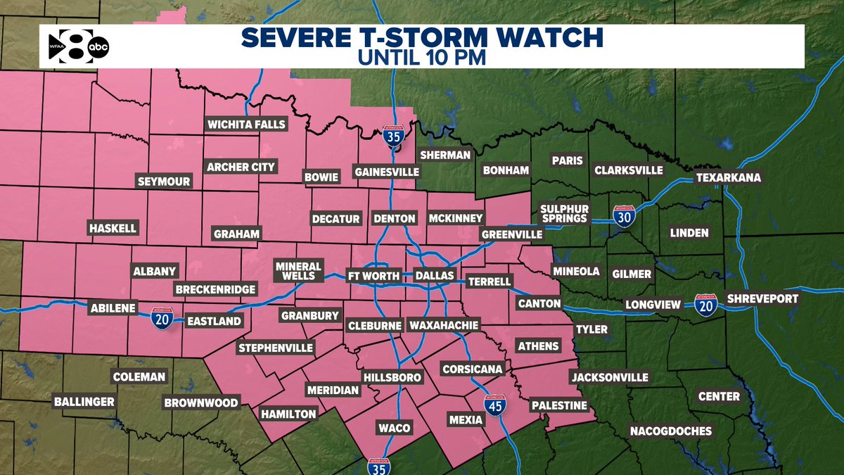 JesseWFAA's tweet photo. Severe thunderstorm watch for much of North Texas this afternoon and into the evening. Not everyone sees thunderstorms today. They'll be isolated to scattered. Strongest storms could produce 50-60+ MPH wind gusts. Stay weather aware! https://t.co/KqOtwGEEFx