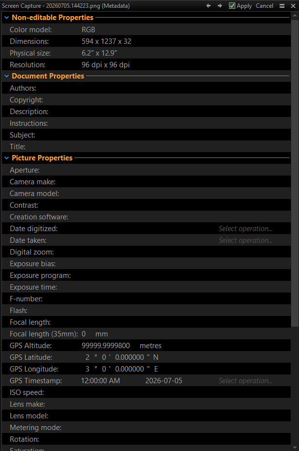 SwampDrainMaker's tweet photo. That would be great but the only problem is that image metadata is easily spoofed in this day and age. The picture shows an example of edited metadata, from within DirectoryOpus, an alternative to  Windows Explorer. Note that only 4 fields are not editable, also note the crazy altitude, and coordinates - which I edited.